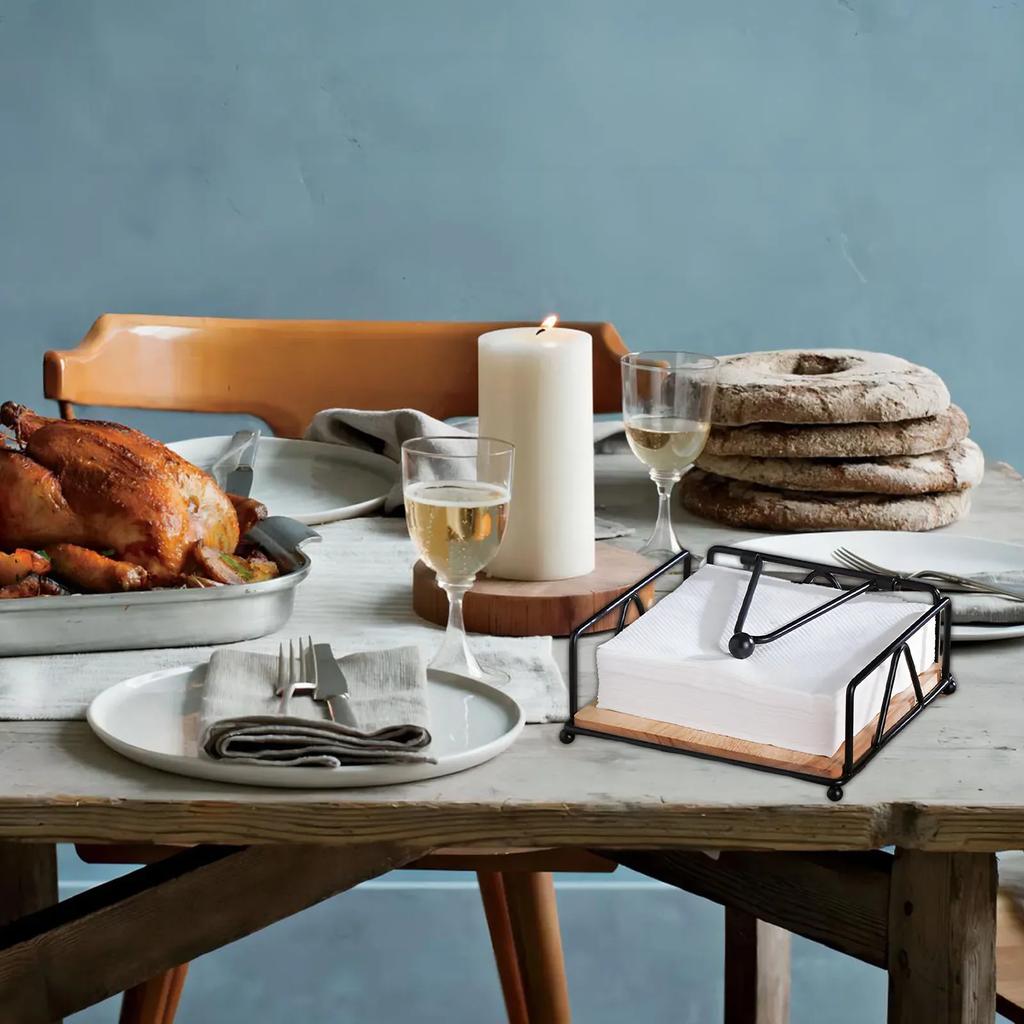 Flat Napkin Holder Metal Iron Serviette Holder Napkin Stand with Wooden Base for Home Kitchen Countertop Decor New