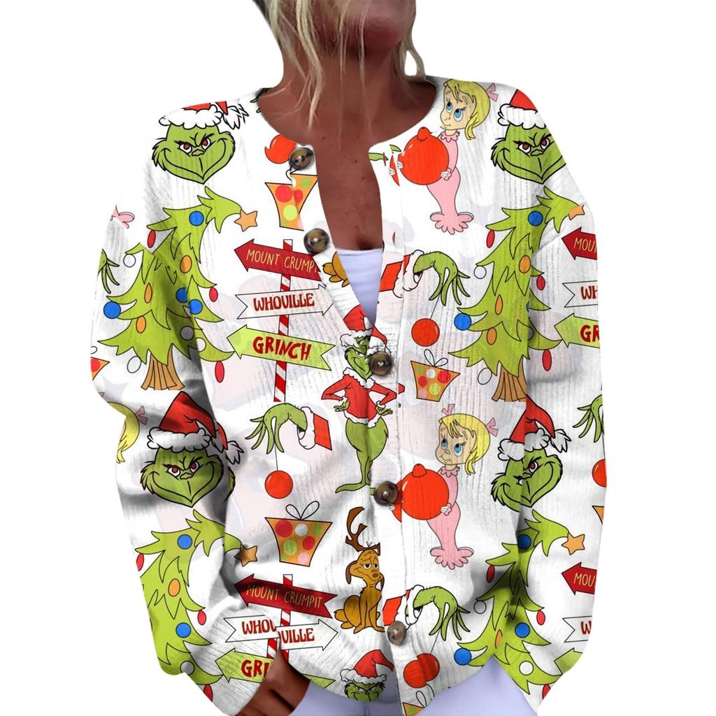 Women's Fashion Christmas Printed Long Sleeve Knitted Cardigan Button Down Jacket