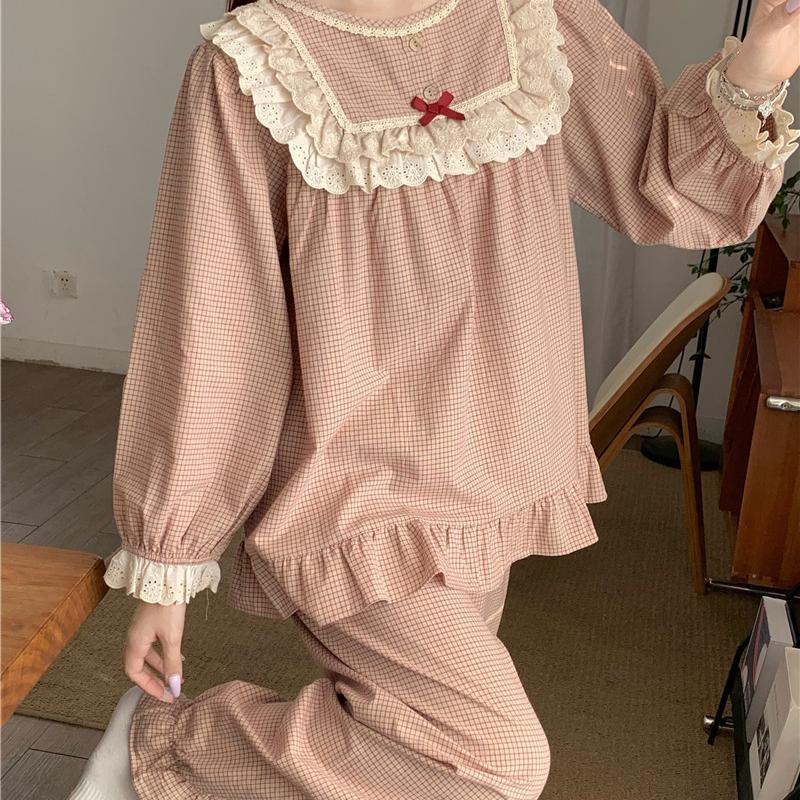 Versiunea coreeană de toamnă a palatului retro, carouri din dantelă dulce, cu mâneci lungi, pijamale pentru serviciu la domiciliu, costum femei