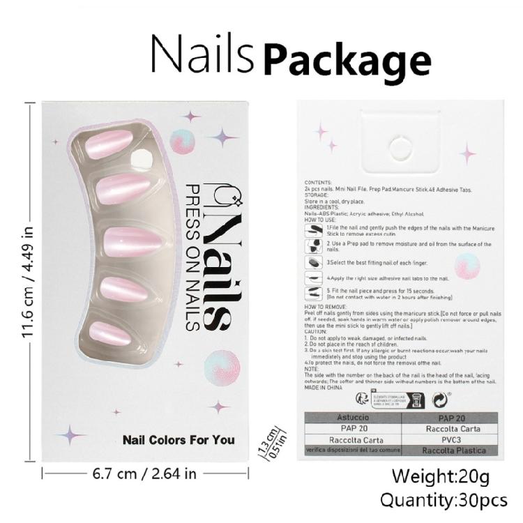 30 Pieces Reusable Faux Nail Pink Cats Eye Effect Almond Shape Press On Nail For Various Occasions