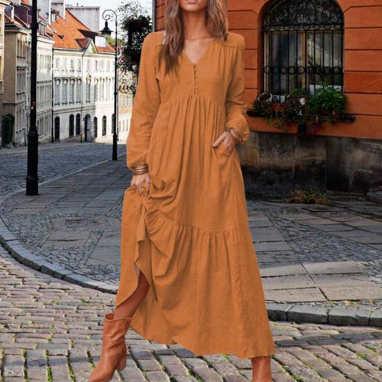 Women Bohemian Cotton Linen Dress Oversized V-neck Long Sleeve Swing Dress Pleated Ruffle Tiered Flowy