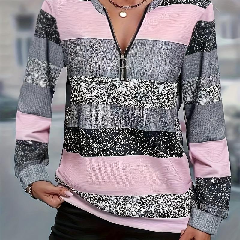 Women's casual striped zipper detail pullover, perfect for spring, summer and autumn