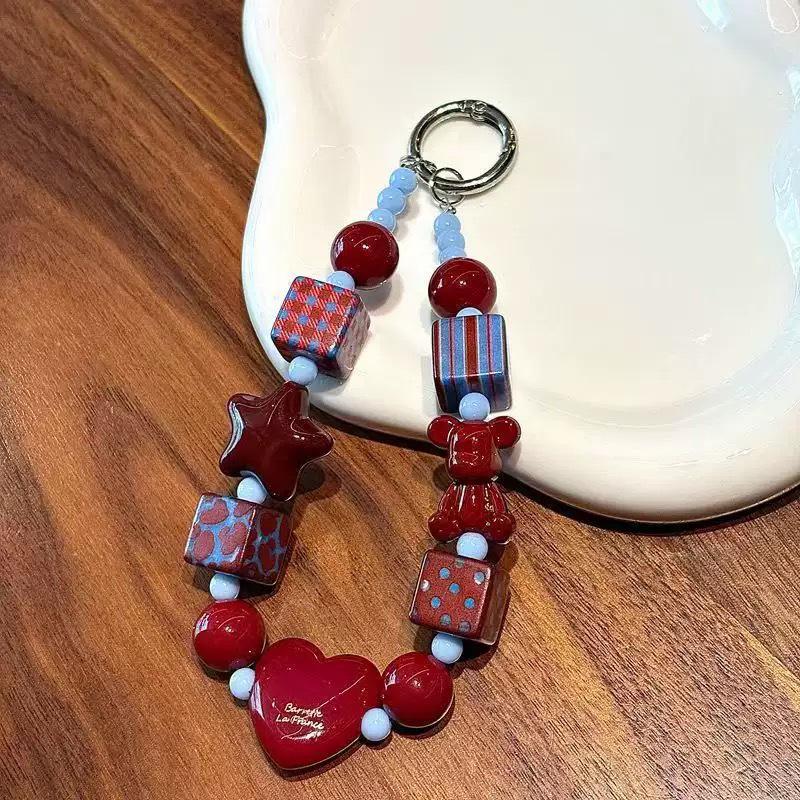 Wine Red Bear Heart Keychain Phone Case Lanyard Set