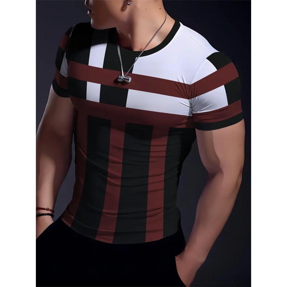 Simple Striped Spliced Print Men s Casual T-shirt Daily Sports Casual Breathable Men s Top Harajuku Street Trend Short Sleeve S