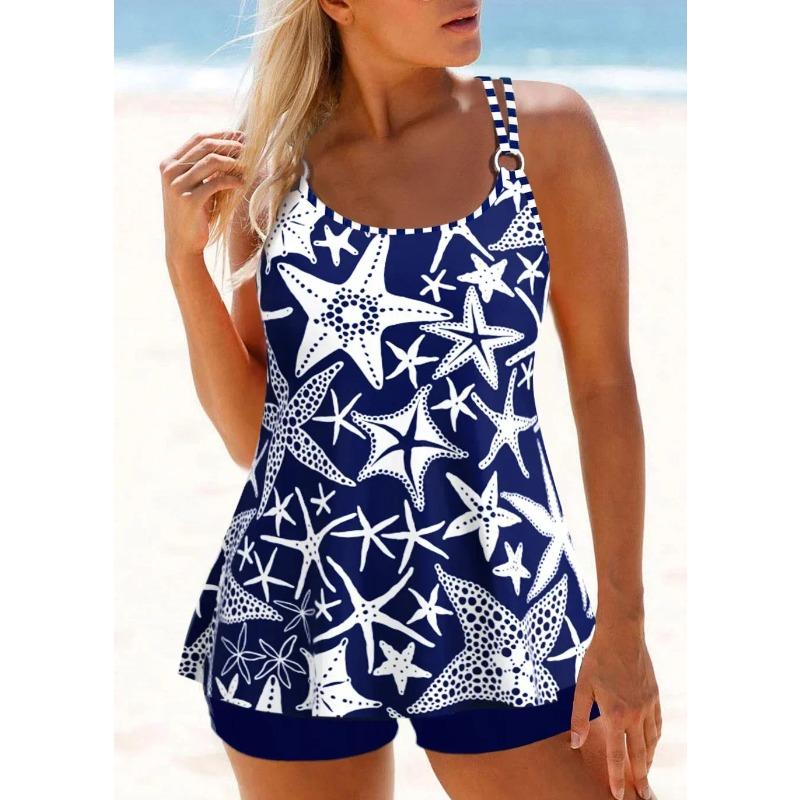 Women's Summer Fashion Beachwear Swimwear White Petunia Print Tankini Swimsuit Two Piece Bikini Set Swimwear S-6XL