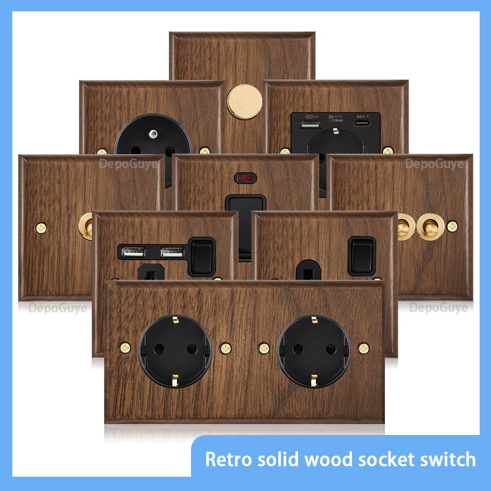 Black Retro Walnut Wall Toggle Switch Panel 1-4Gang 2Way Solid Wood Double EU/FR Socket Universal Usb C Electrical Power Outlet