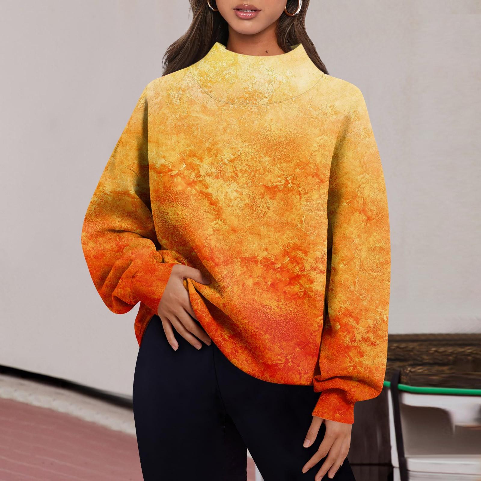 

Женская мода с принтом и длинными рукавами, свободная полуводолазка с разрезом, толстовка, топ XXXL оранжевый