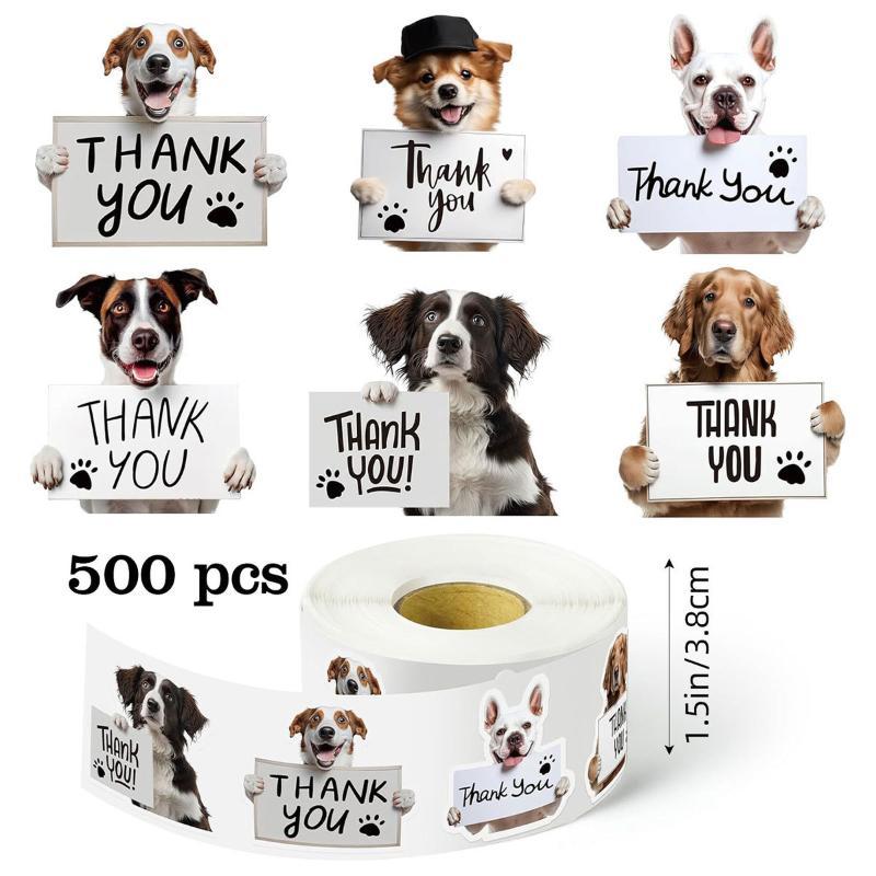 500PCS Self Adhesive Dog Thank You Stickers Roll Cute Puppy Labels for Envelope Seals Holiday Gift Packaging Tags