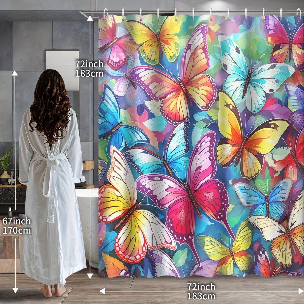 Elegant Dreamy Colored Butterfly Shower Curtain with 12 Hooks - Waterproof Bathroom Decor
