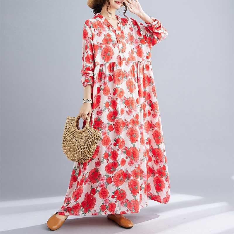 Neue Böhmische Vintage Bedruckte Locker Langarm Großer Schwung Lange Kleider