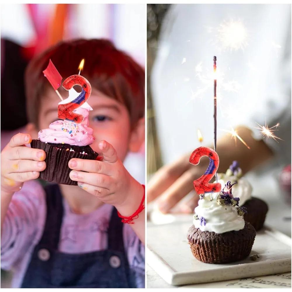 Red Blue Spider 1st Birthday Number Candles, Number 1 /2Candle Cake Topper Decorations for Spider Cartoon Themed Parties