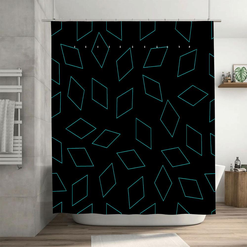 Blue Neon Geometric Diamond Bath Shower Curtain Waterproof Decorative Rug Mat For Home Bathroom Black Blue