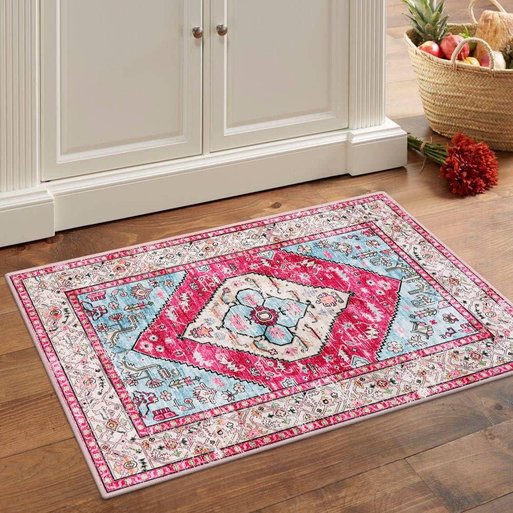 Lahome Boho Round Rug - 9Ft Washable Area Rug, Non-Slip Small Bathroom Rug, Lightweight Bedroom Throw, Oriental Distressed Print 60x90cm