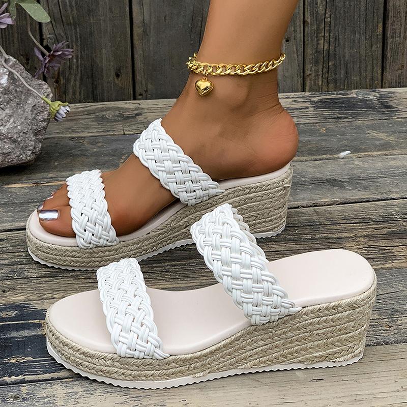 White PU Leather Woven Wedge Sandals Women Summer Lightweight Thick Sole Slippers Woman Fashion Espadrilles Platform Sandalias