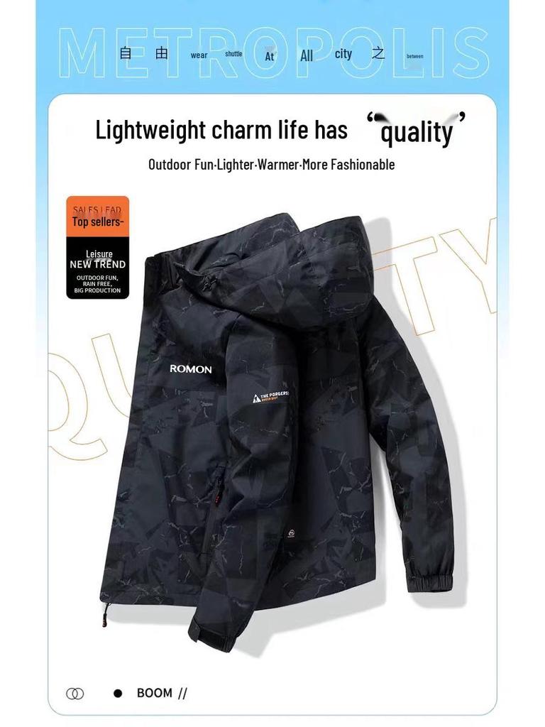 Romon Herren Camouflage Fleecegefütterter Kapuzen-Wasserabweisender Windbreaker Parka