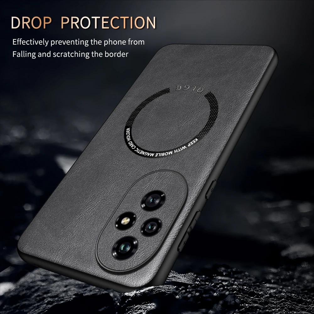 OLGE Luxury Texture Classic Leather Case for Huawei Honor 200 Support Car Mount Magnetic Stand Wireless Charging Protective Case