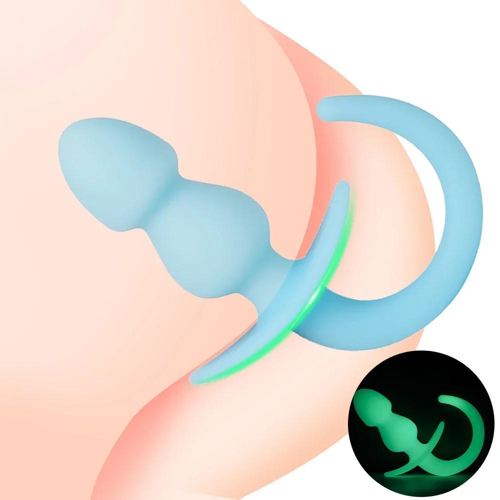 Anal Plug Luminous Dog Tail Anal Beads Soft Silicone Butt Plug Puppy Tails Anus Dilator Prostatic Massage Sex Toys for Woman Man