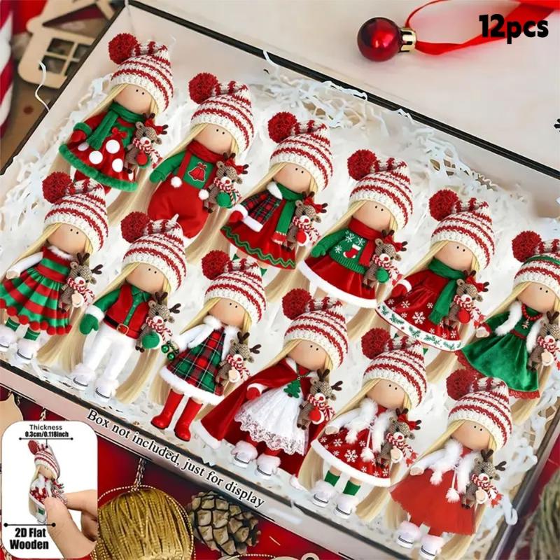 

12/18Pcs 2D Flat Wooden Christmas Doll Figurines Pendant Charm Christmas Tree Ornament Party Year Hanging Decoration 12pcs