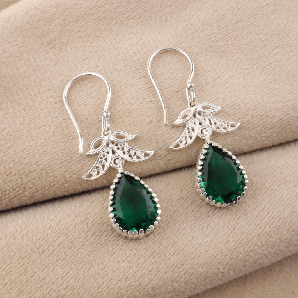 Bijoux Boucles d'Oreilles Crochets Faits Main en Argent Sterling 925 Pierre Précieuse Émeraude Verte 1.84" CE-27-12