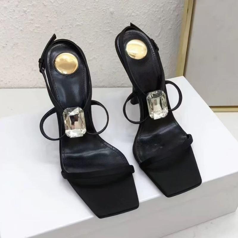 Spring new rhinestone buckle square head word sexy black high heels women's satin fashion cross with open toes