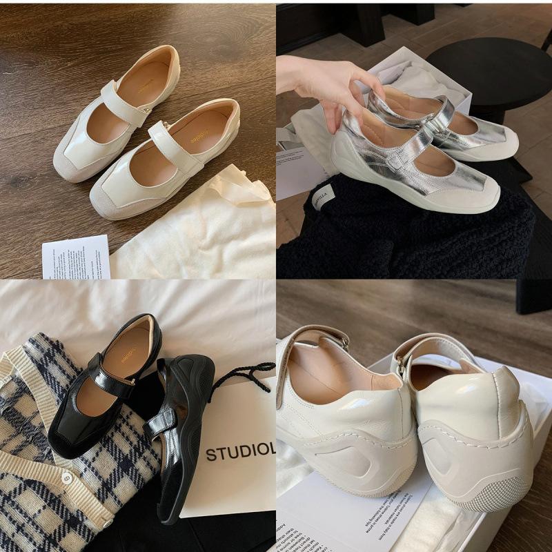 Lazy Velcro Soft Functional Wind Flat Bottom Leather Mary Jane Single Shoes Women's Spring and Autumn