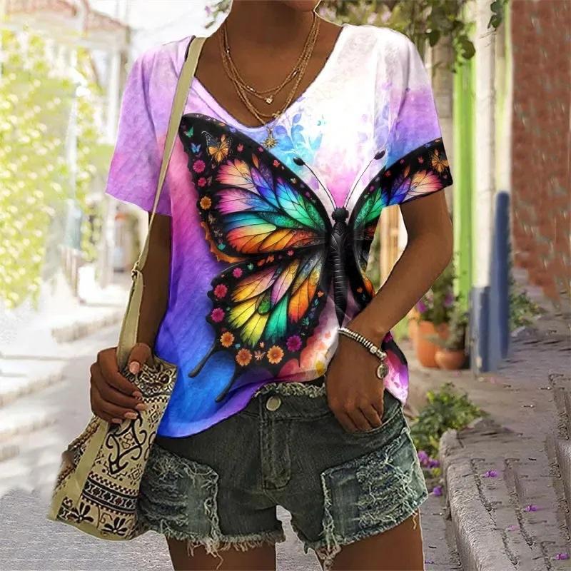 Summer V-neck 3D Flower Butterfly Printed Top Fashionable Casual Short Sleeved Women's T-shirts