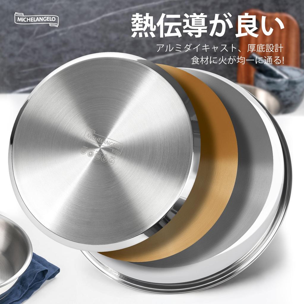 MICHELANGELO Stainless Steel Frying Pan 4-Piece Set, Detachable Handle, Triple-Layer Base, Induction Compatible – 20cm & 24cm & 28cm
