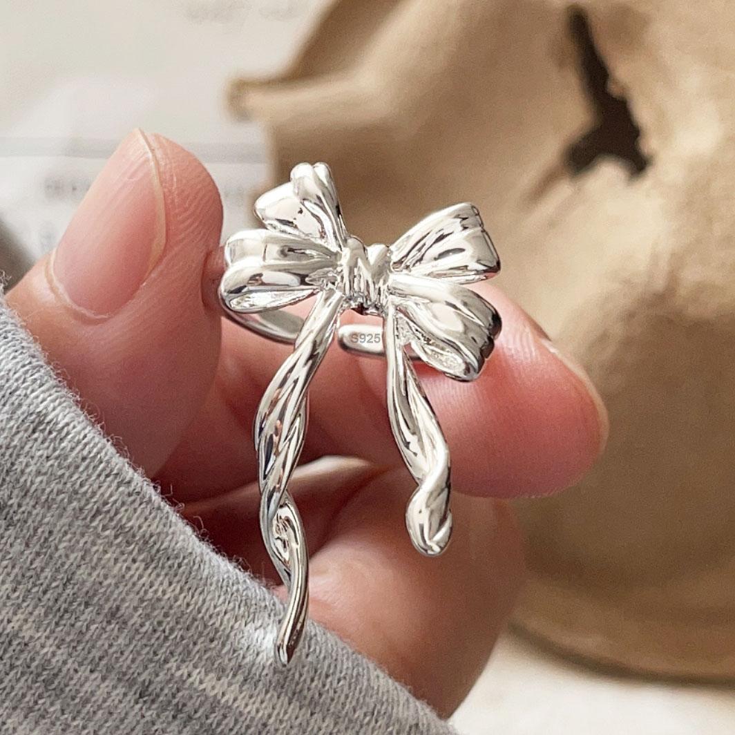 

925 Sterling Silver Rings For Women Geometric Fine Jewelry Finger Adjustable Bow Tassel Ring For Party Birthday Gift resizable