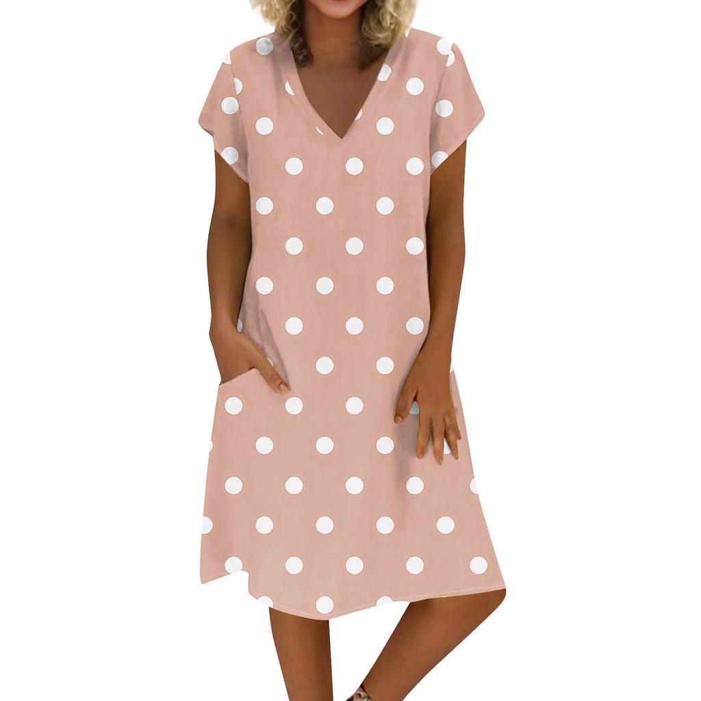 Women's Summer V-neck Short Sleeve Printed Cotton And Linen Dress