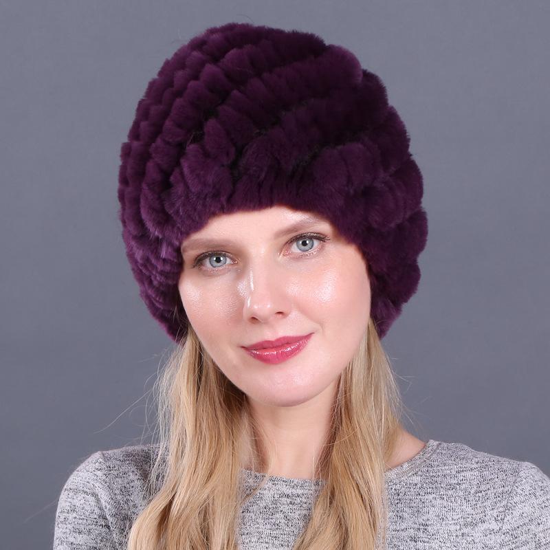 Damen Winter Pelzmütze Rex Kaninchenhaar gestrickte Spirale Ananas verdickte warme Mütze