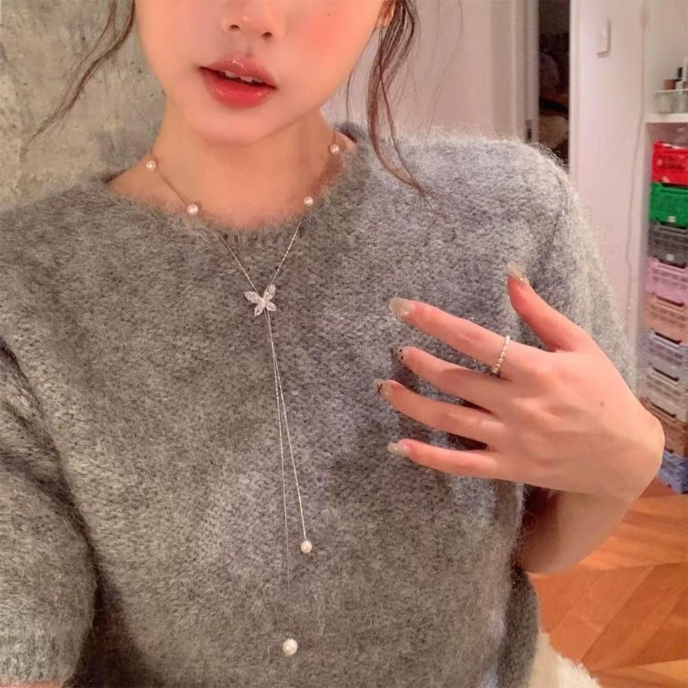 Flower Butterfly Necklace Charm Tassel Collarbone Chain Simple Pearl Choker Girls