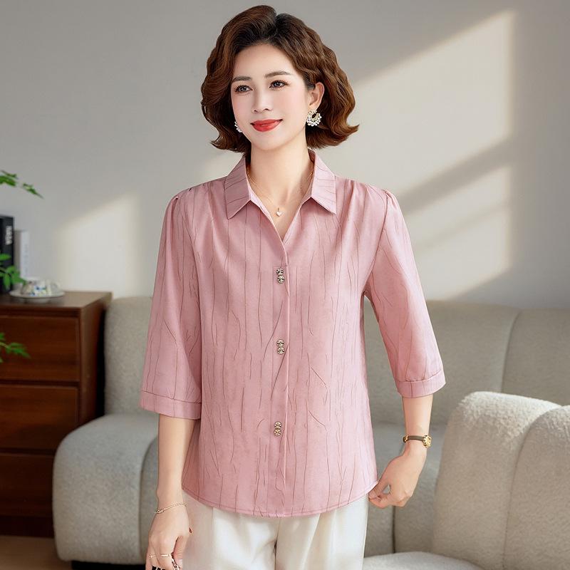 

Elegant Striped Slimming Blouse for Mature Women - Seven-Sleeve Spring/Summer Top 3XL рожевий