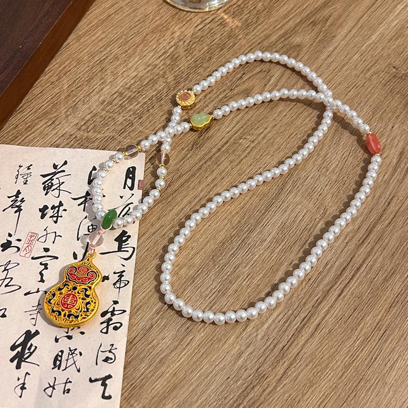Ethnic Style Hollow Carved Lucky Bag Pendant Green Imitation Jade Handmade Beaded Long Necklace