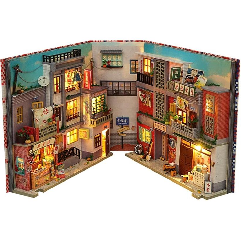 Kisoy Book Nook Kit - DIY Dollhouse Booknook Miniature Kit for Bookshelf Insert Decor Crafts, for Adults/Teen, 3D Wooden Puzzle Bookends with Sensor Old Time Lane