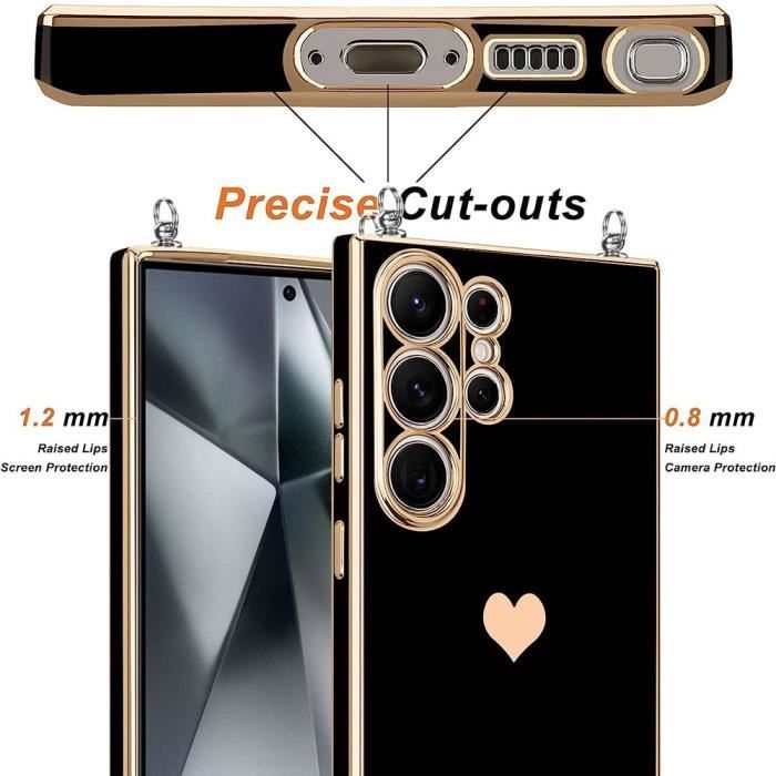 Coque Bandoulière pour Samsung Galaxy S24 Ultra, Souple Motif Cœur Silicone Noir