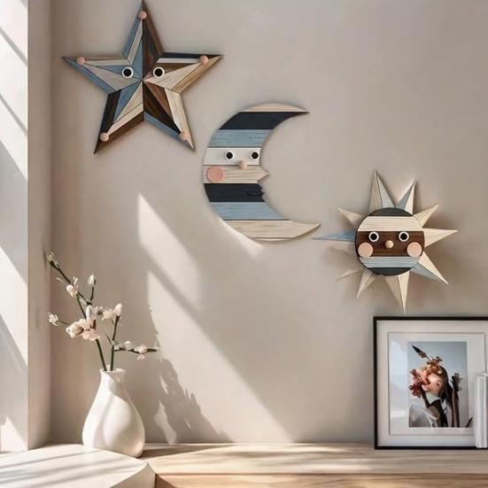 3 Pcs Rustic Sun Moon Star Wooden Wall Art Bohemian Style Vintage Wall Hanging Decorations for Boho Farmhouse Living Room Bedroom Decor