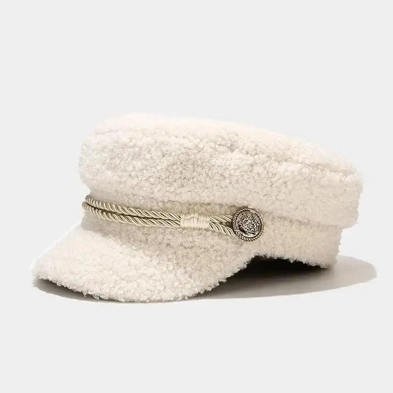 Mode Lammwolle Schiebermütze Damen Lässig Warmhalten Flacher Hut Weiblich Herbst Winter Militärmütze Frauen