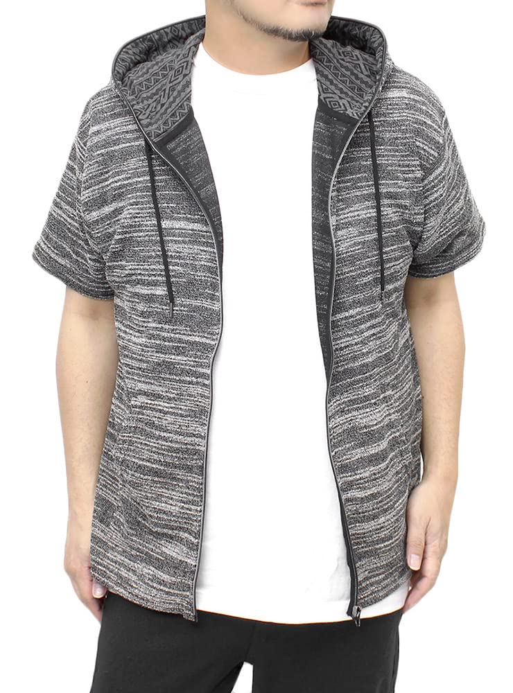 

One Colors Men s Zip-Up Hoodie, 3/4 Sleeve, Slub Summer Knit, Lightweight, Jacquard Pattern, Heather Black, Size L (02)