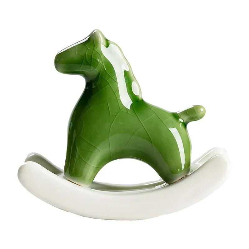 Ceramic Green Horse Figurine Tea Pet Zen Desk Decor Vintage Animal Sculpture Home Office Decor Lucky Charm Gift for Housewarming