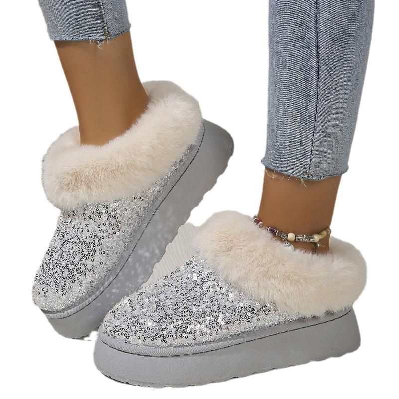 Women's Plus Size New Autumn Winter Chunky Sole Thickened Furry Snow Boots Sequin Upper