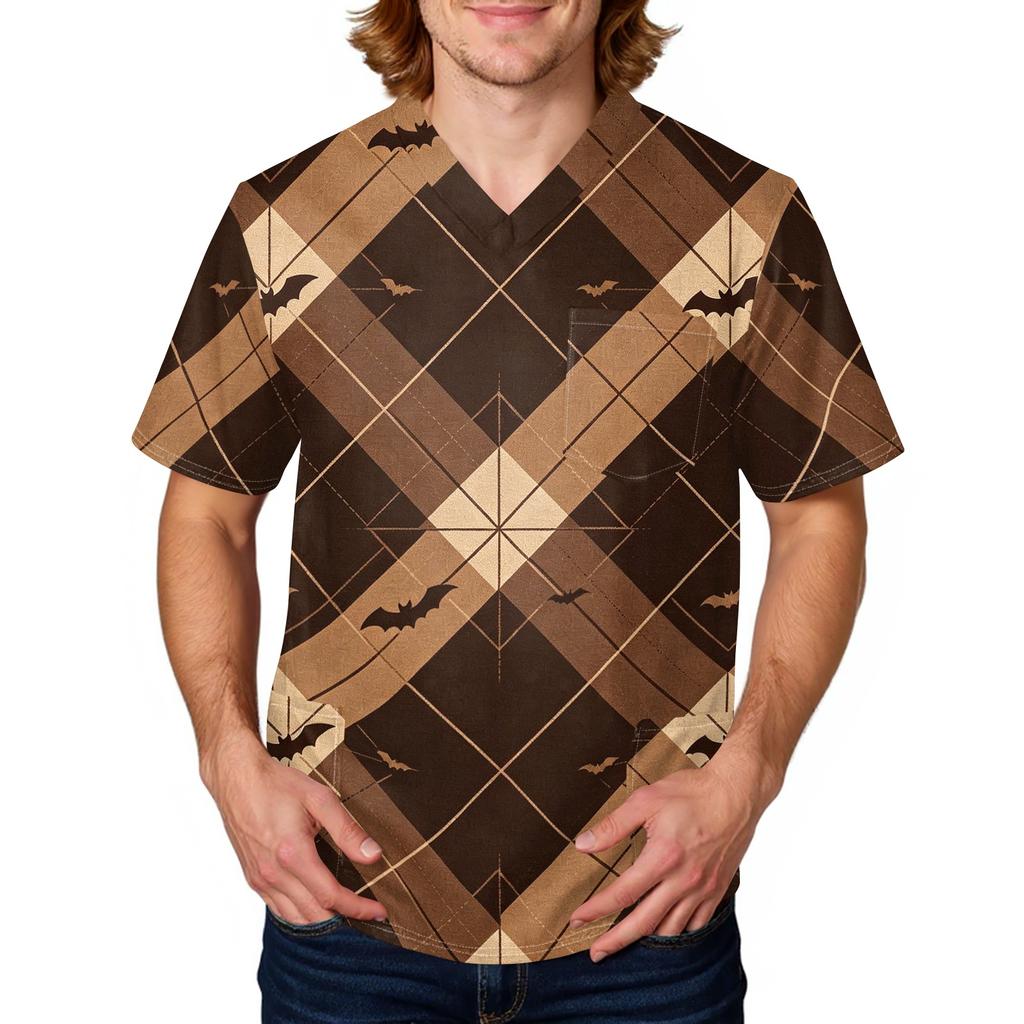 Men's Halloween Print Medical Scrub Top V Neck Pocket Comfortable Fit Daily Workwear for Healthcare Professionals