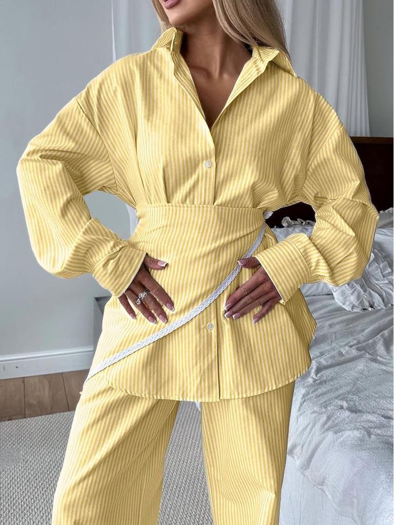 2025 Autumn Fresh Loose Lace Striped Three-Piece Set: Stylish Casual Design