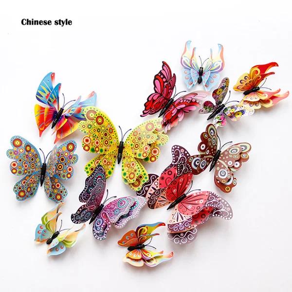 12Pcs Mixed Color Double Layer Butterfly 3D Wall Sticker for Wedding Decoration Magnet Butterflies Fridge Stickers Home Decor