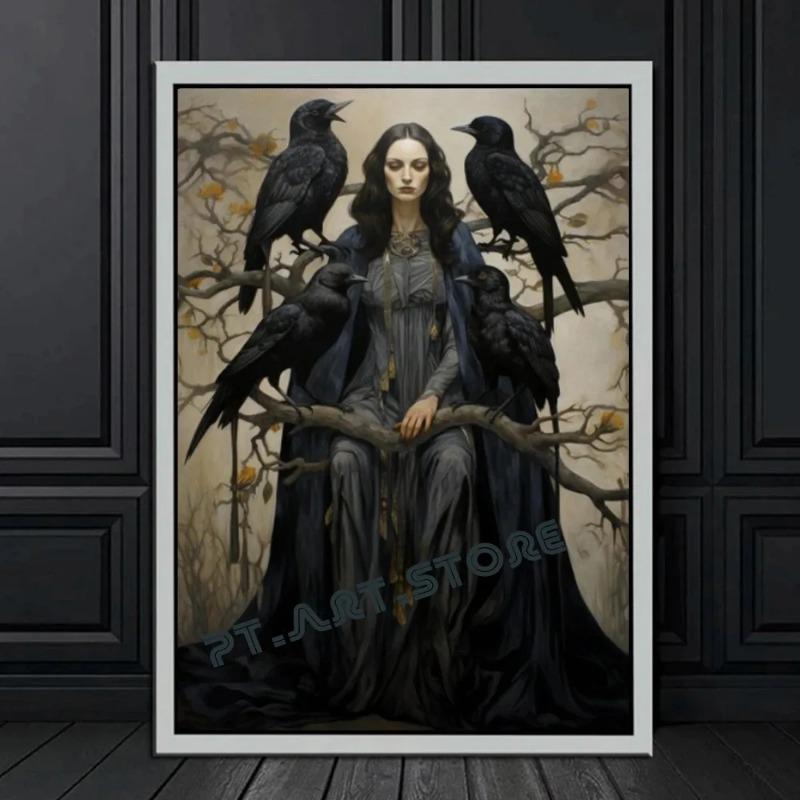 Gothic Dark Fantasy Wall Art  Crow Witch Retro Posters for Living Room  Halloween Horror Canvas Painting Print  Home Decor