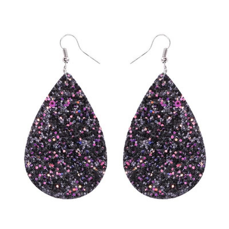 1pair Exaggeration Glitter Colorful Sequin Teardrop Leather Dangle Earring Bohemian Shining Waterdrop Drop Earrings Women Fashion Jewelry Gifts