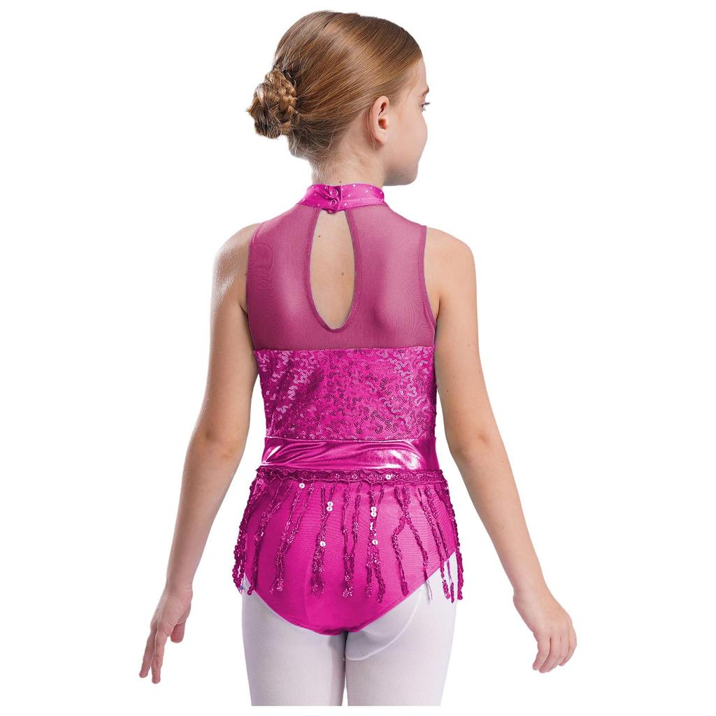 Mädchen Glitzernde Pailletten Quasten Tanzbody Ärmellos Schlüsselloch Rücken Patchwork Fransen Body Performance Kostüm