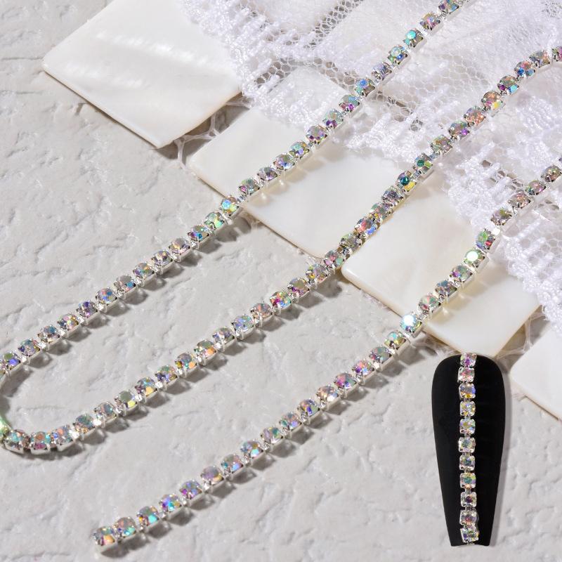 25Cm Long Luxury Crystal Pearl Chain Nail Charms 1.5/2Mm Shining Clear Diamond Nail Art Metal Glass Manicure Crystal Nail Charm