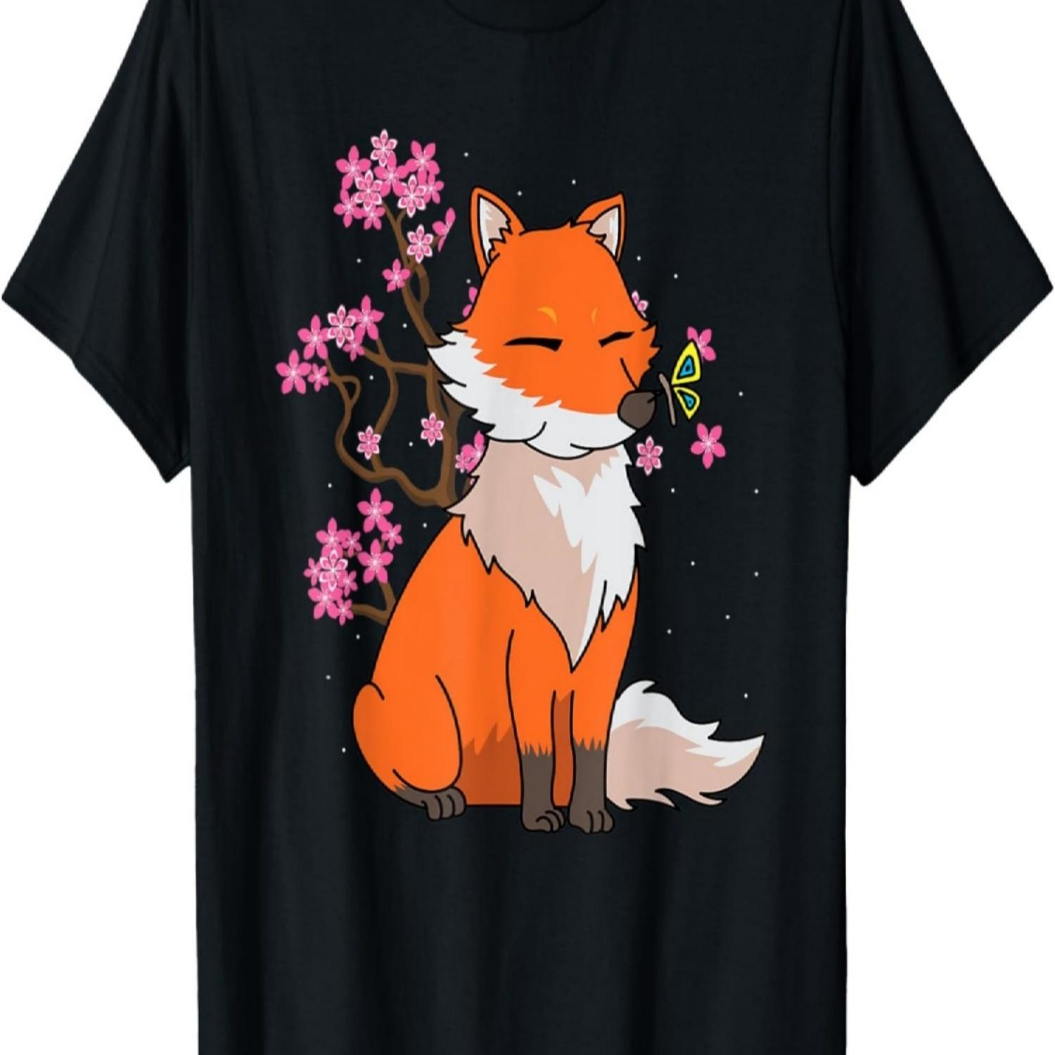 Fox Cherry Blossom Nature Lover T-Shirt S