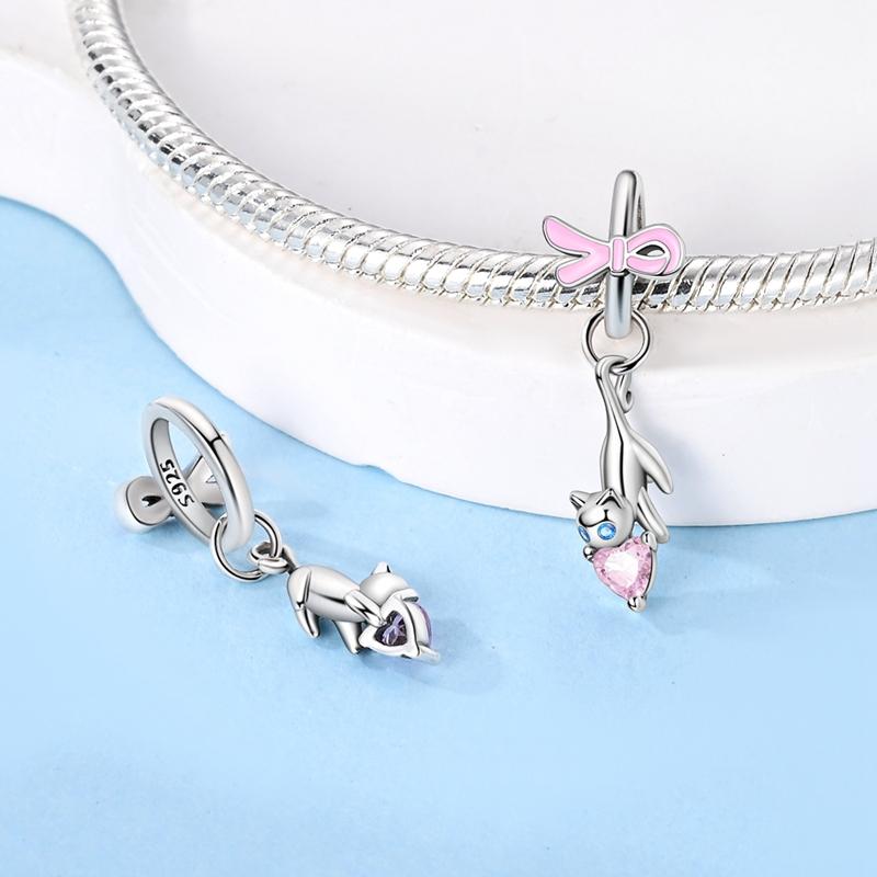 Charms Original Copper Cat Pink Heart Pendant Beads Fit Bracelet Women Jewelry Diy Fine Gift Accessory