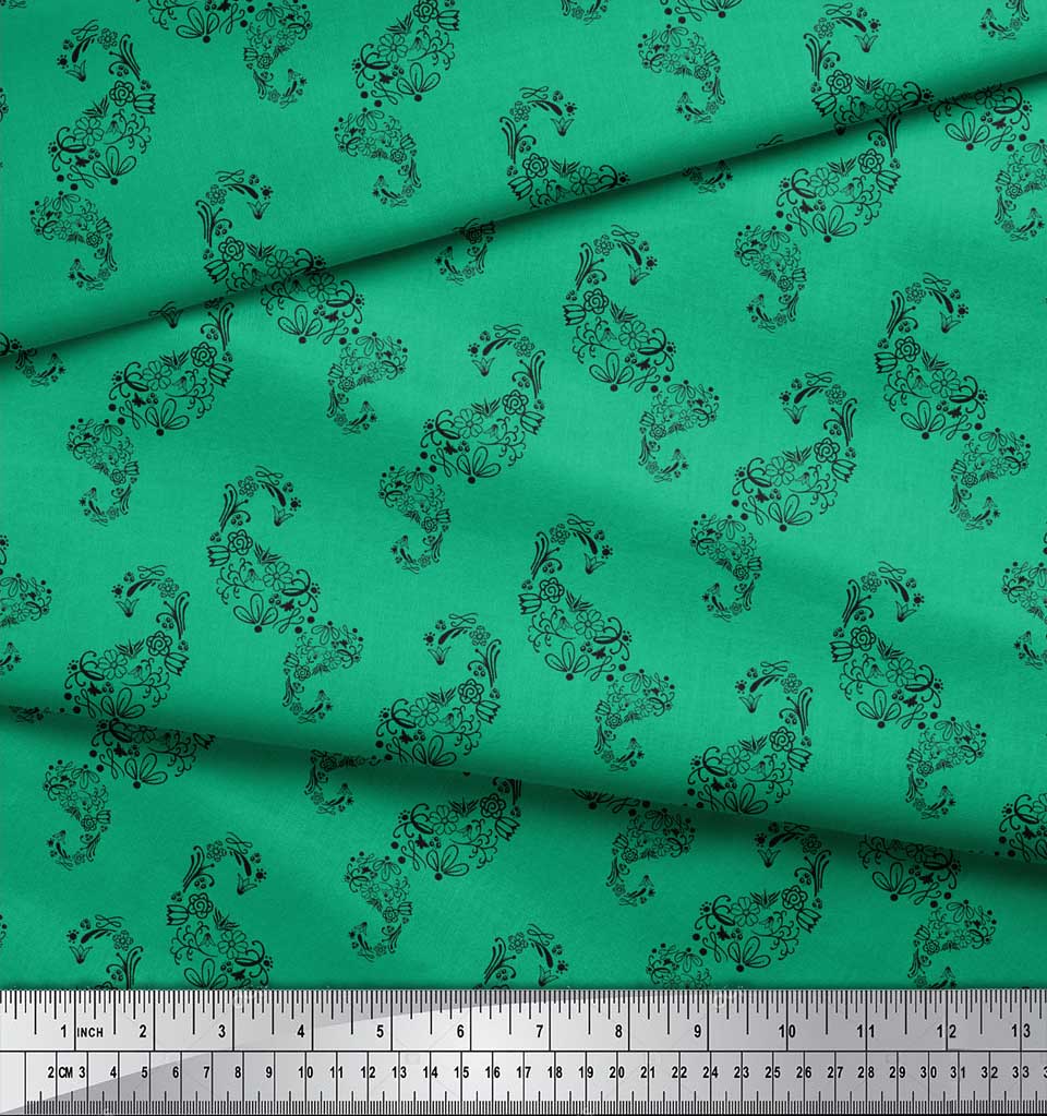 Soimoi Green Japan Crepe Satin Fabric Primrose & Paisley Decor Fabric Printed Metre 42 Inch